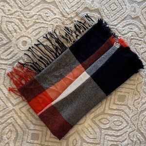 Plaid Fringe Scarf in Orange, Navy, and Cream